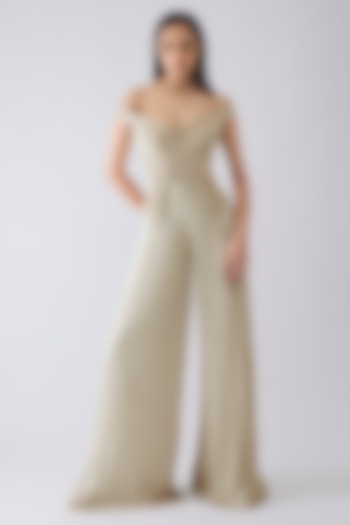 Butter Yellow Amber Jersey Micro Pleated Structured Jumpsuit by Amit Aggarwal at Pernia's Pop Up Shop