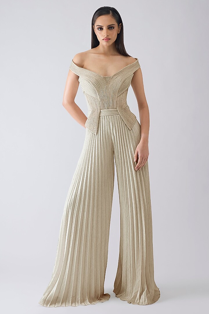 Butter Yellow Amber Jersey Micro Pleated Structured Jumpsuit by Amit Aggarwal at Pernia's Pop Up Shop