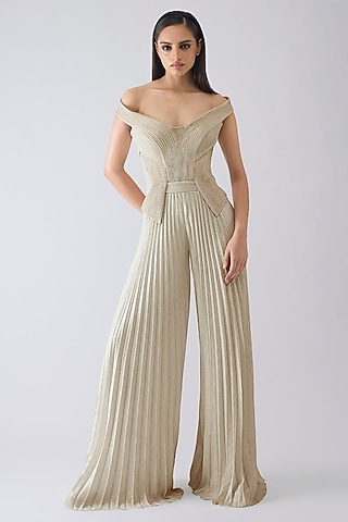 Butter Yellow Amber Jersey Micro Pleated Structured Jumpsuit by Amit Aggarwal