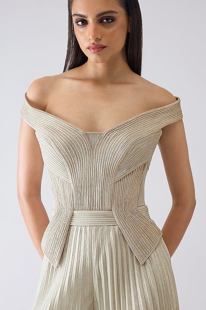 Butter Yellow Amber Jersey Micro Pleated Structured Jumpsuit by Amit Aggarwal at Pernia's Pop Up Shop