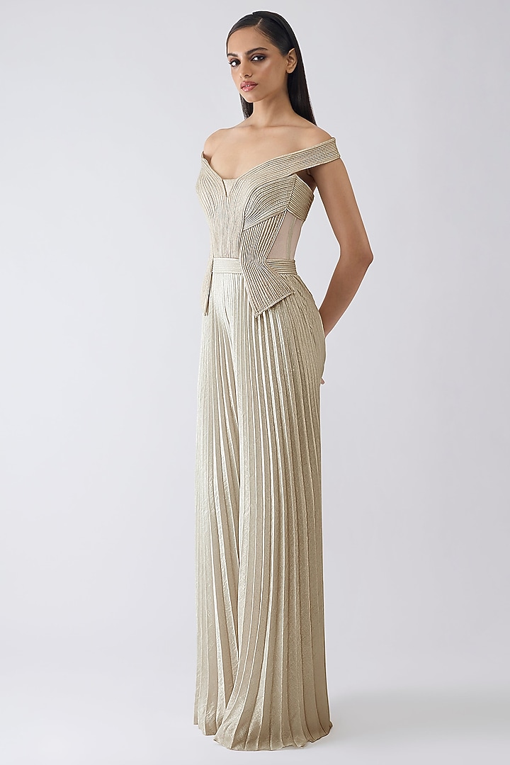 Butter Yellow Amber Jersey Micro Pleated Structured Jumpsuit by Amit Aggarwal at Pernia's Pop Up Shop