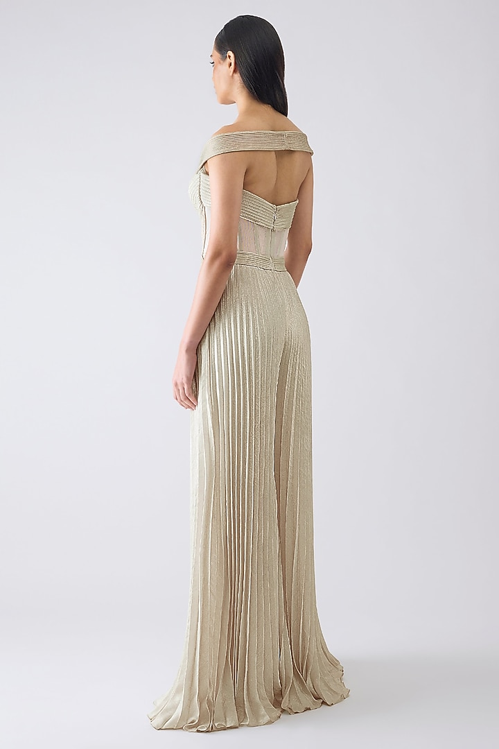 Butter Yellow Amber Jersey Micro Pleated Structured Jumpsuit by Amit Aggarwal at Pernia's Pop Up Shop