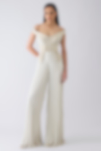 Pearl White Amber Jersey Micro Pleated Structured Jumpsuit by Amit Aggarwal at Pernia's Pop Up Shop