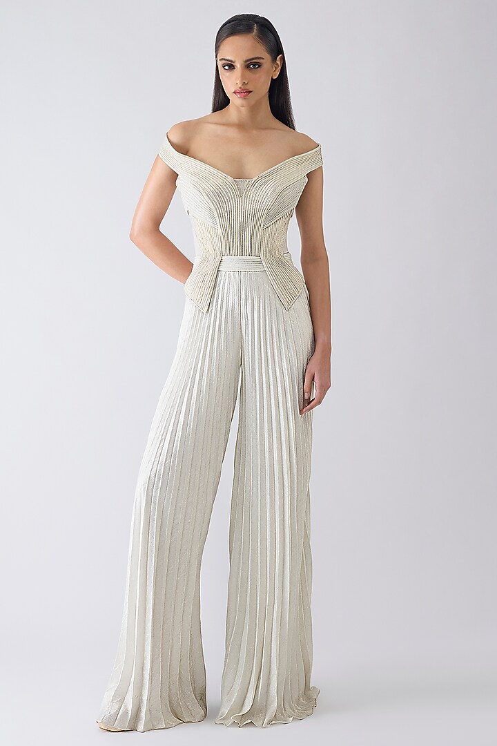 Pearl White Amber Jersey Micro Pleated Structured Jumpsuit by Amit Aggarwal at Pernia's Pop Up Shop