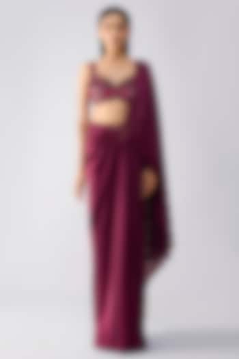 Garnet Mineral Jersey & Chiffon Draped Reception Saree Set by Amit Aggarwal at Pernia's Pop Up Shop