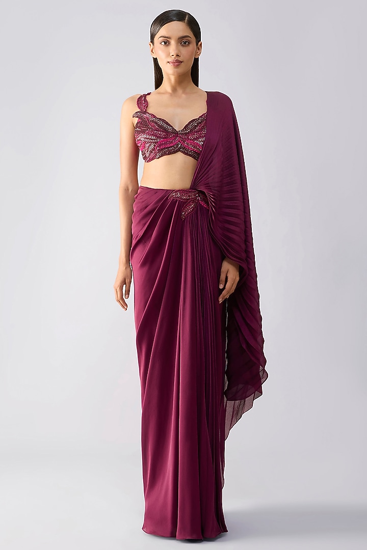 Garnet Mineral Jersey & Chiffon Draped Reception Saree Set by Amit Aggarwal at Pernia's Pop Up Shop