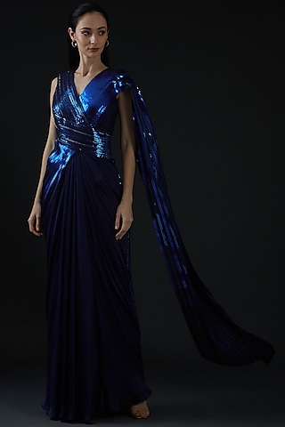 Blue Chiffon & Mesh Pre-Draped Saree by Amit Aggarwal