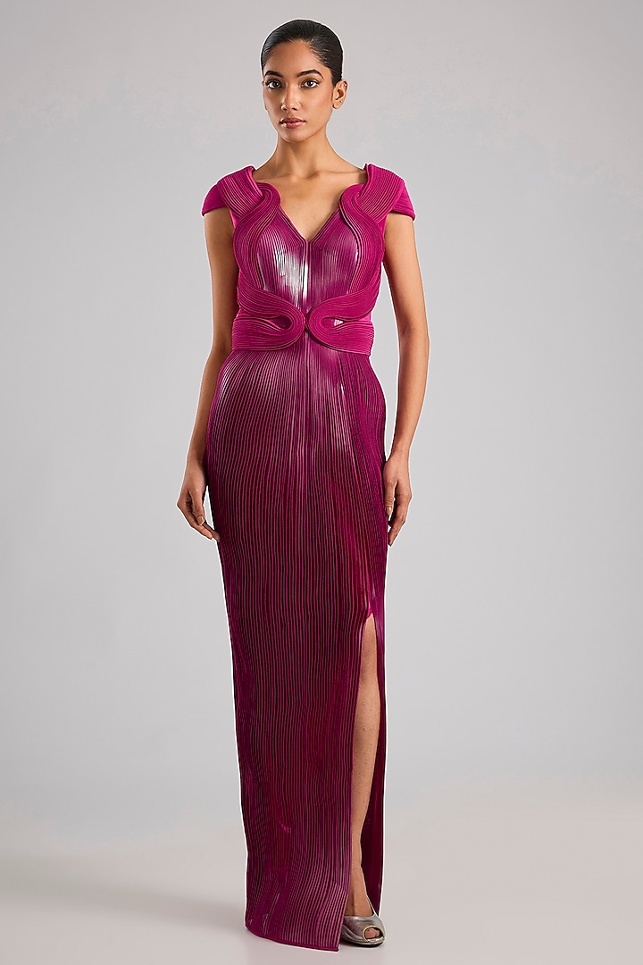 Fuchsia Mineral Jersey Micro-Pleated Structured Bridal Gown by Amit Aggarwal at Pernia's Pop Up Shop