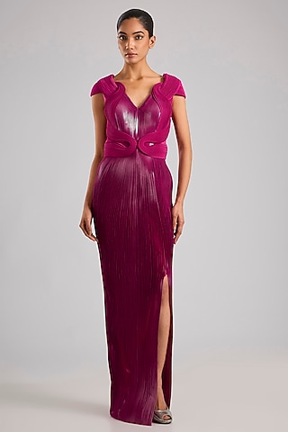 Fuchsia Mineral Jersey Micro-Pleated Structured Gown by Amit Aggarwal