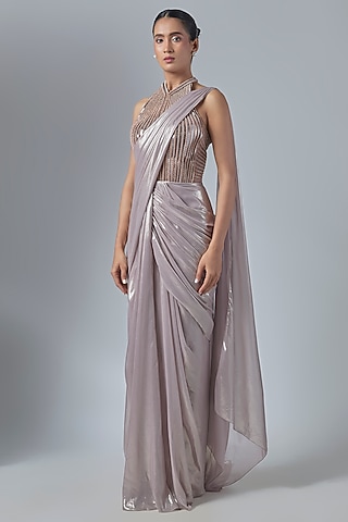 Rose Pink Synthetic Polyester & Nylon Gown Saree by Amit Aggarwal