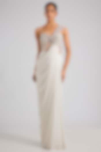 Pearl White Satin Chiffon Moulded Crystalvein Wedding Gown by Amit Aggarwal at Pernia's Pop Up Shop