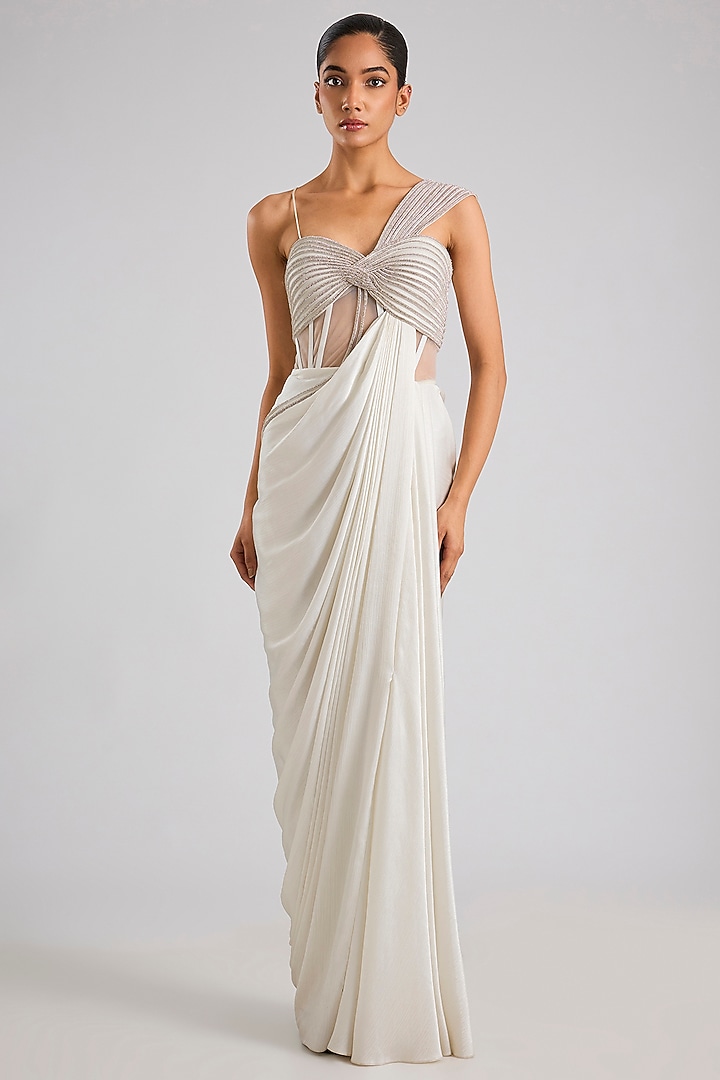Pearl White Satin Chiffon Moulded Crystalvein Wedding Gown by Amit Aggarwal at Pernia's Pop Up Shop