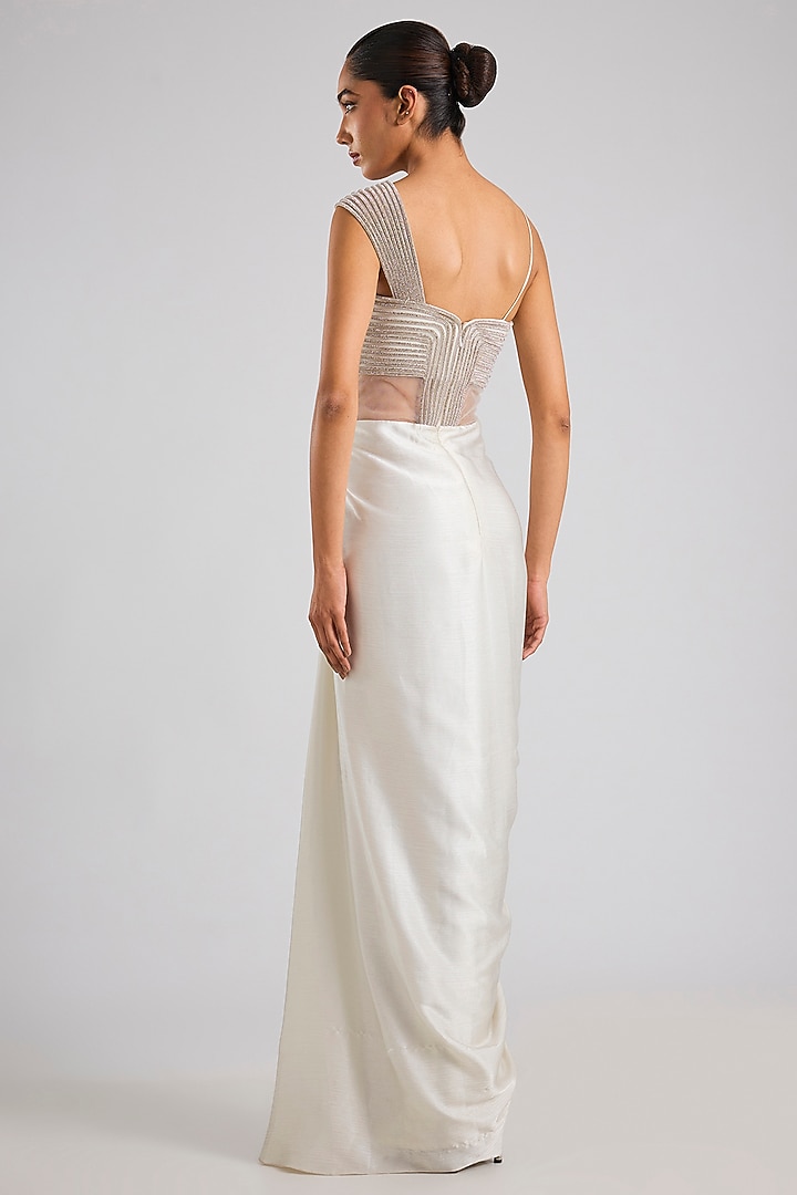 Pearl White Satin Chiffon Moulded Crystalvein Wedding Gown by Amit Aggarwal at Pernia's Pop Up Shop