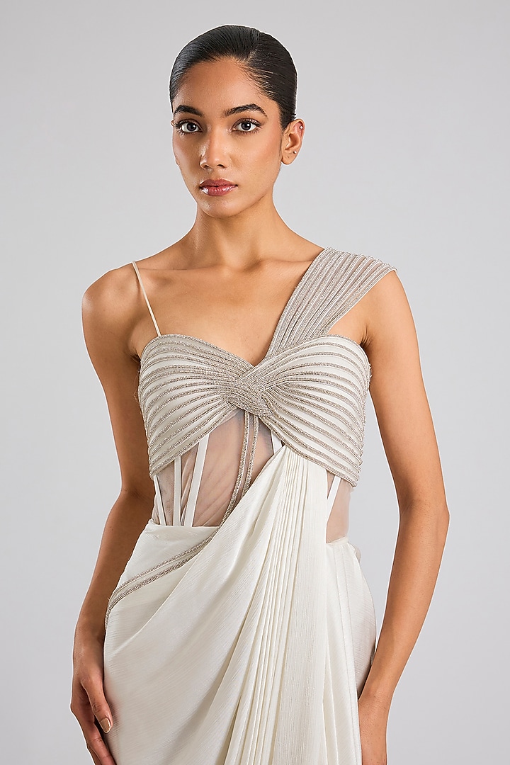 Pearl White Satin Chiffon Moulded Crystalvein Wedding Gown by Amit Aggarwal at Pernia's Pop Up Shop