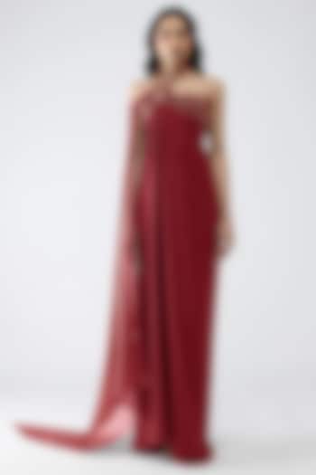 Deep Red Satin Chiffon Halter Party Wear Dress by Amit Aggarwal at Pernia's Pop Up Shop