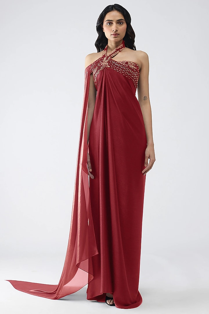 Deep Red Satin Chiffon Halter Party Wear Dress by Amit Aggarwal at Pernia's Pop Up Shop