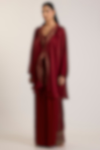 Deep Red Satin Chiffon & Banarasi Pants by Amit Aggarwal at Pernia's Pop Up Shop