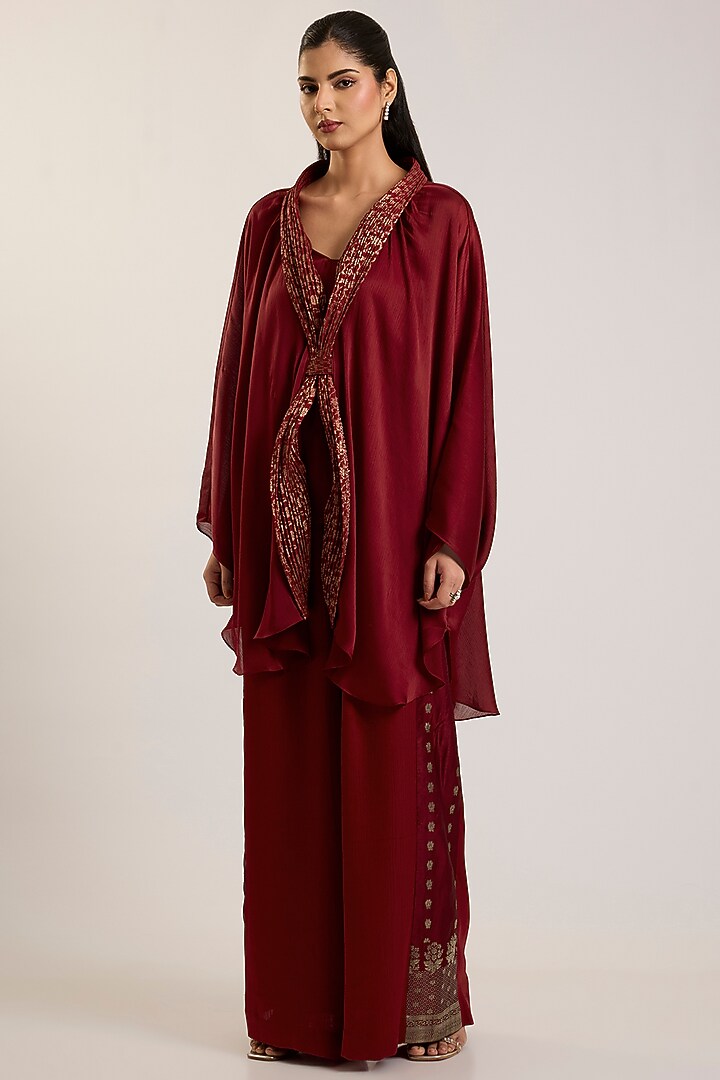 Deep Red Satin Chiffon & Banarasi Pants by Amit Aggarwal at Pernia's Pop Up Shop