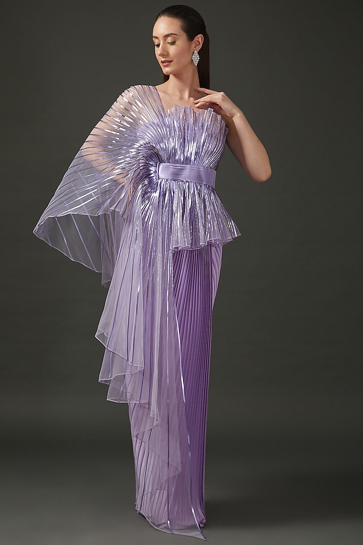 Lavender Metallic Striped & Tulle Winged Gown Saree by Amit Aggarwal