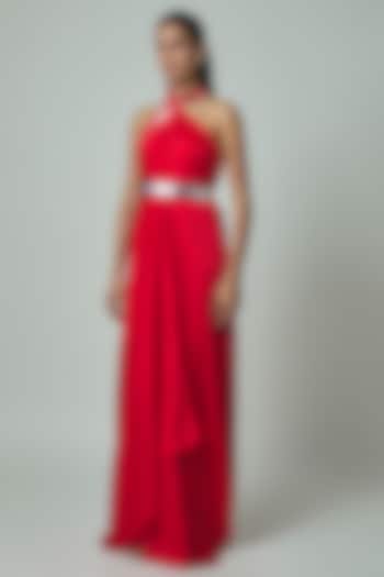 Red Satin Chiffon Micro Pleated Maxi Cocktail Dress by Amit Aggarwal at Pernia's Pop Up Shop