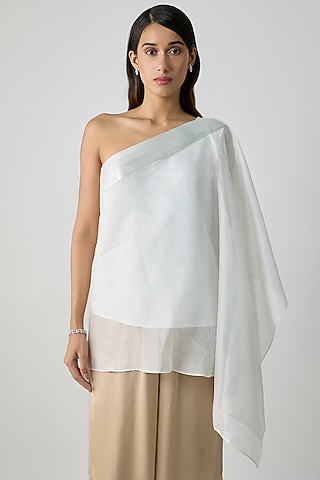 Pearl-Colored Ribbed Organza Top by Amit Aggarwal