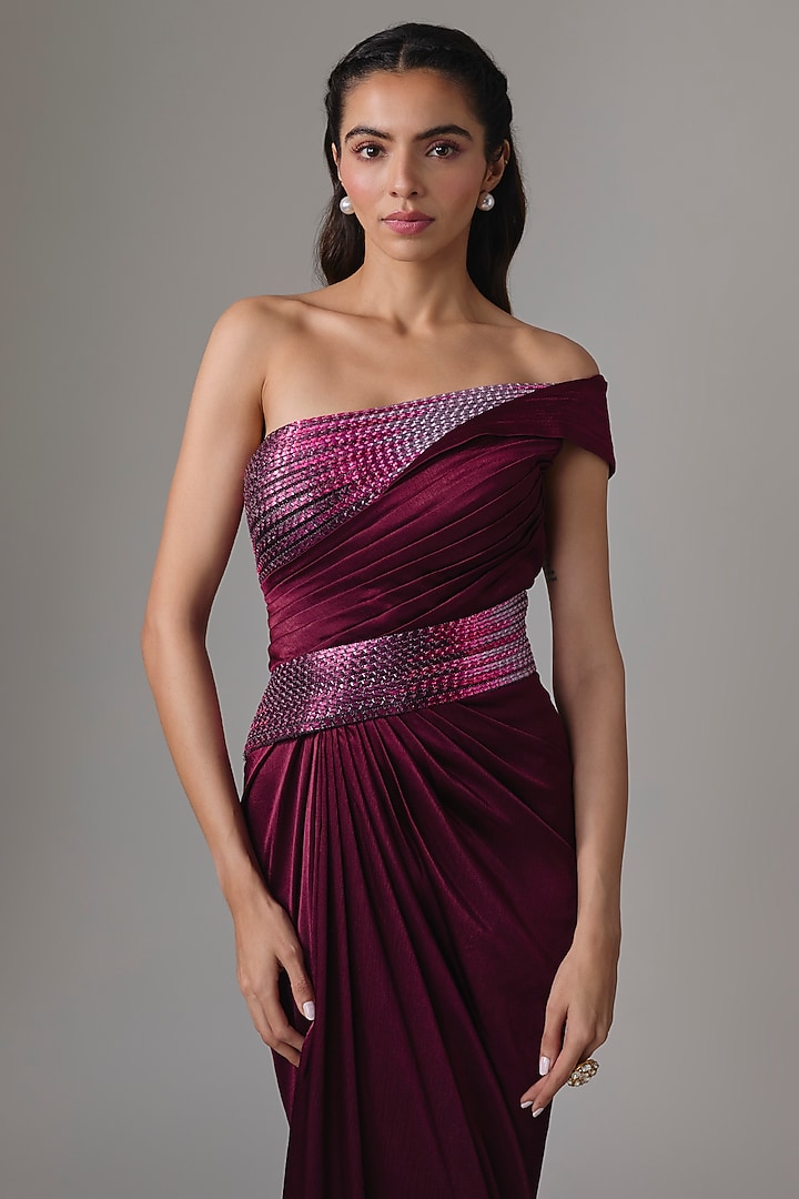 Oxblood Red Chiffon Wedding Gown by Amit Aggarwal at Pernia's Pop Up Shop