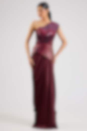 Oxblood Micro Pleating Polymer Wedding Gown by Amit Aggarwal at Pernia's Pop Up Shop