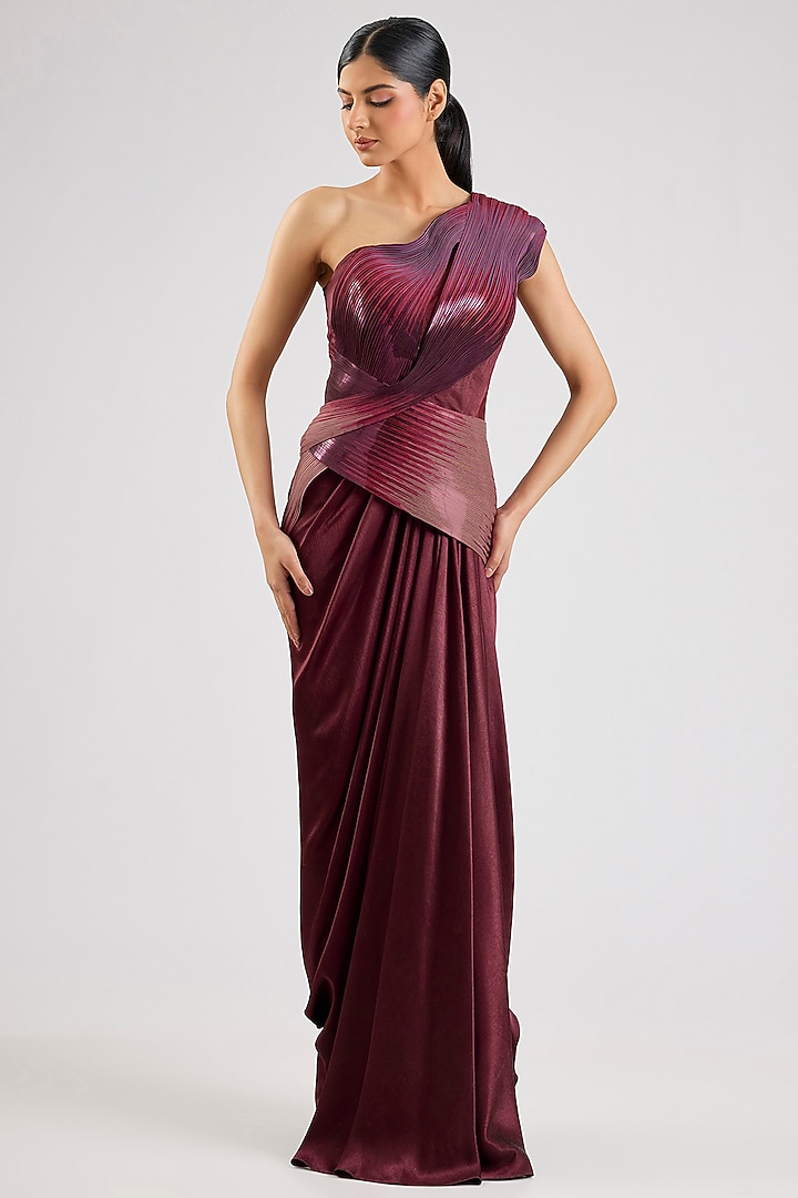 Oxblood Micro Pleating Polymer Wedding Gown by Amit Aggarwal at Pernia's Pop Up Shop