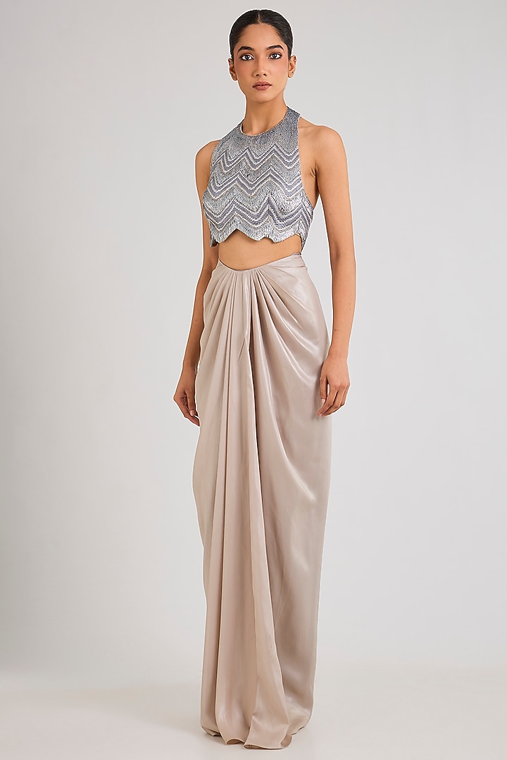 Sand-Colored Glazed Chiffon Skirt Set by Amit Aggarwal at Pernia's Pop Up Shop