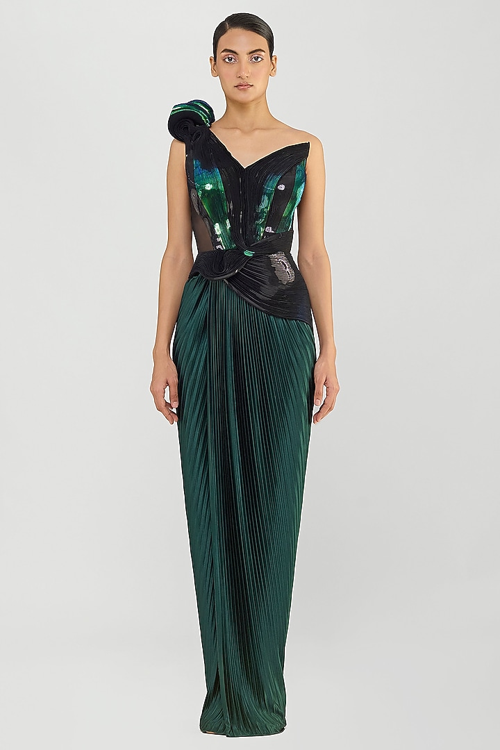 Emerald Mineral Jersey Metallic Off-Shoulder Wedding Gown by Amit Aggarwal at Pernia's Pop Up Shop