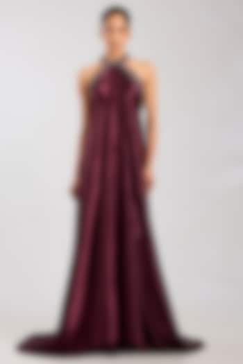 Plum Heavy Satin Chiffon Party Wear Dress by Amit Aggarwal at Pernia's Pop Up Shop