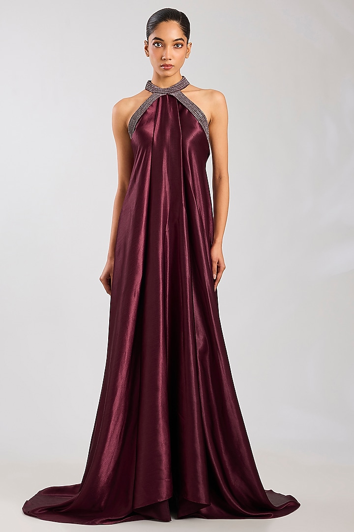 Plum Heavy Satin Chiffon Party Wear Dress by Amit Aggarwal at Pernia's Pop Up Shop