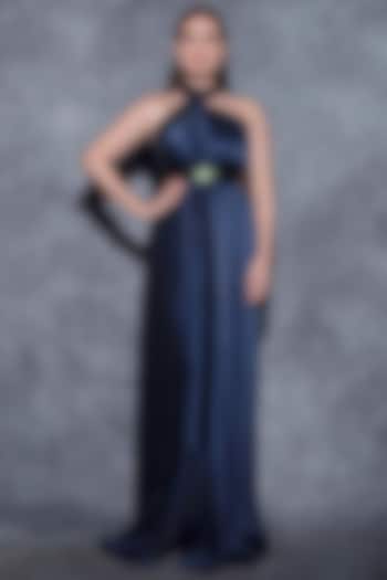 Ink Blue Georgette Draped Dress by Amit Aggarwal