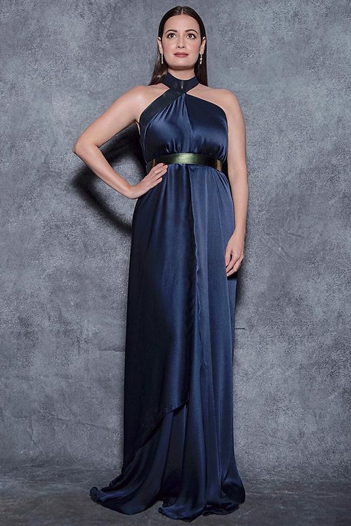 Ink Blue Georgette Draped Dress by Amit Aggarwal