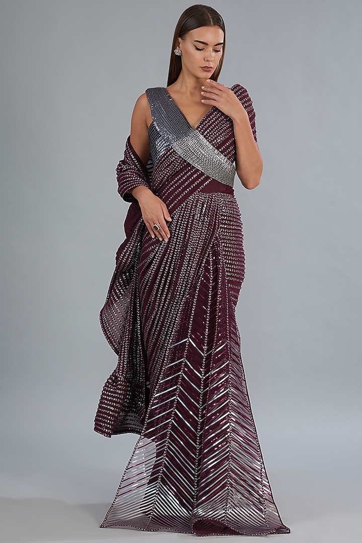 Navy Blue Metallic Polymer Draped Bridal Gown Saree by Amit Aggarwal at Pernia's Pop Up Shop