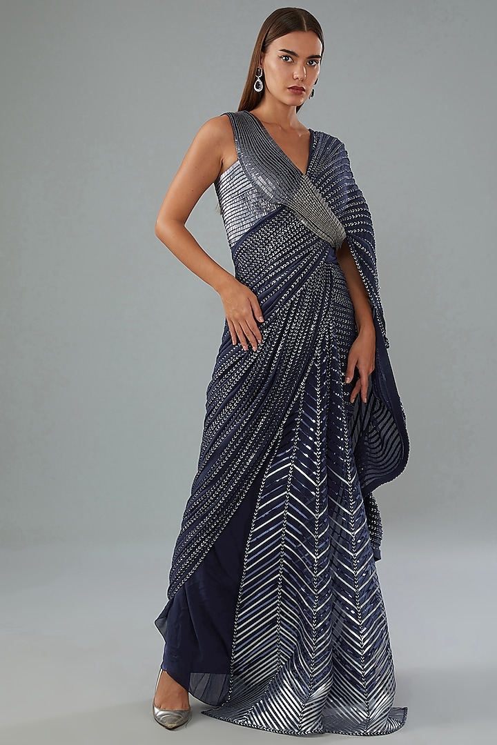 Ink Blue Metallic Polymer Draped Gown Saree by Amit Aggarwal