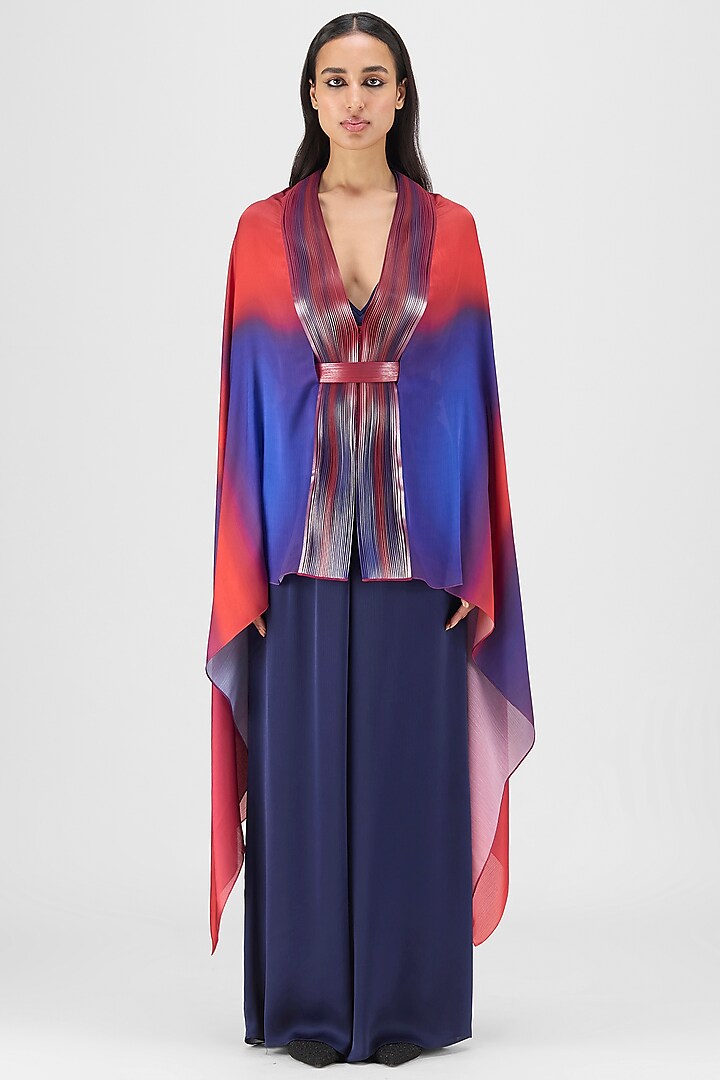 Red & Blue Chiffon Draped Cape With Inner by Amit Aggarwal at Pernia's Pop Up Shop
