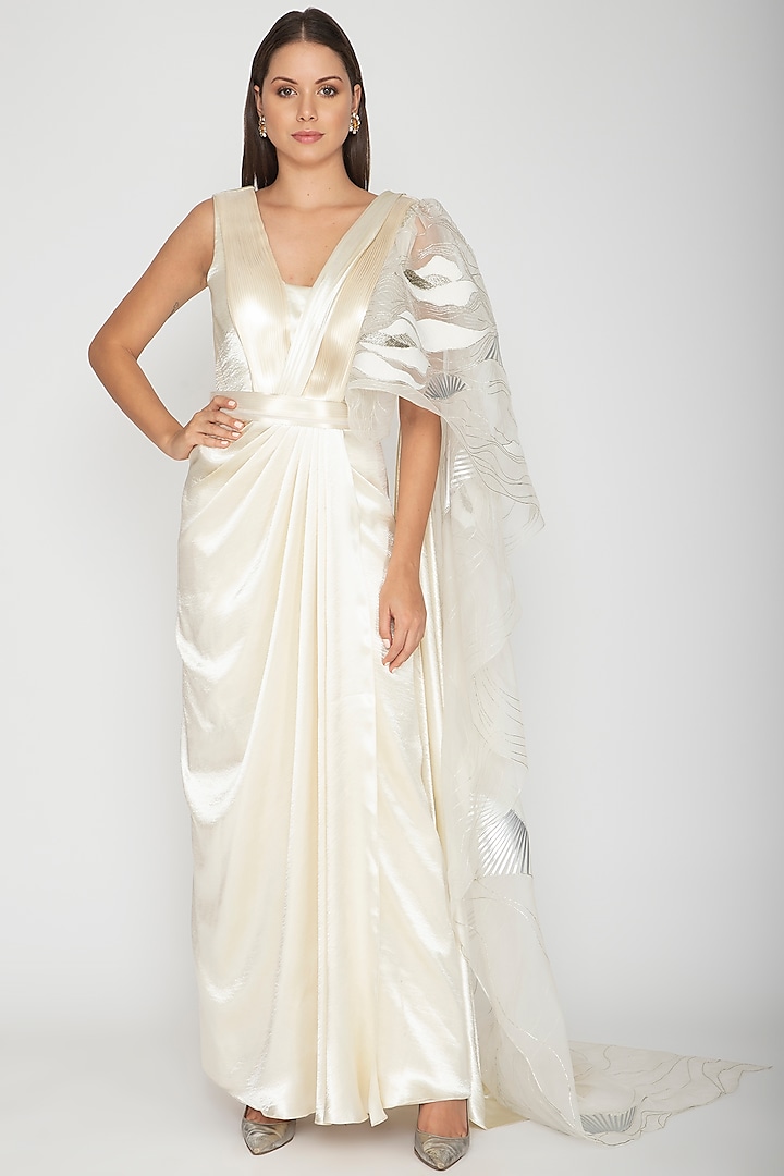 Ivory Georgette Draped Saree by Amit Aggarwal