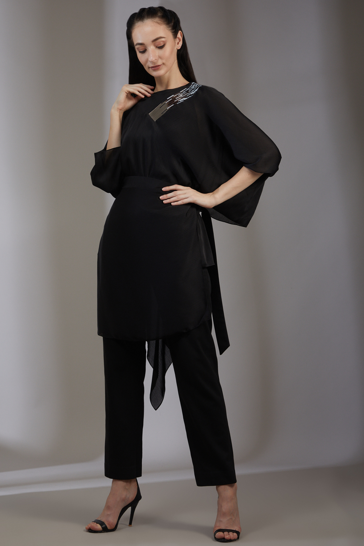 Black Crinkled Chiffon Draped Pant Set by Amit Aggarwal at Pernia's Pop Up Shop