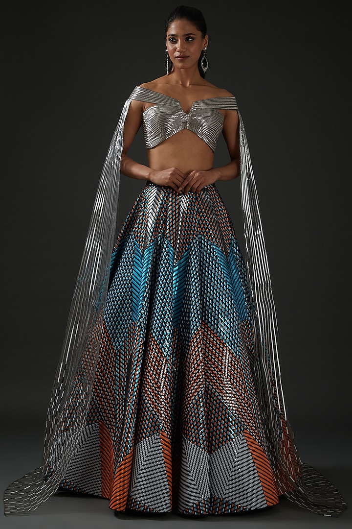 Blue Tulle Bridal Lehenga Set by Amit Aggarwal at Pernia's Pop Up Shop
