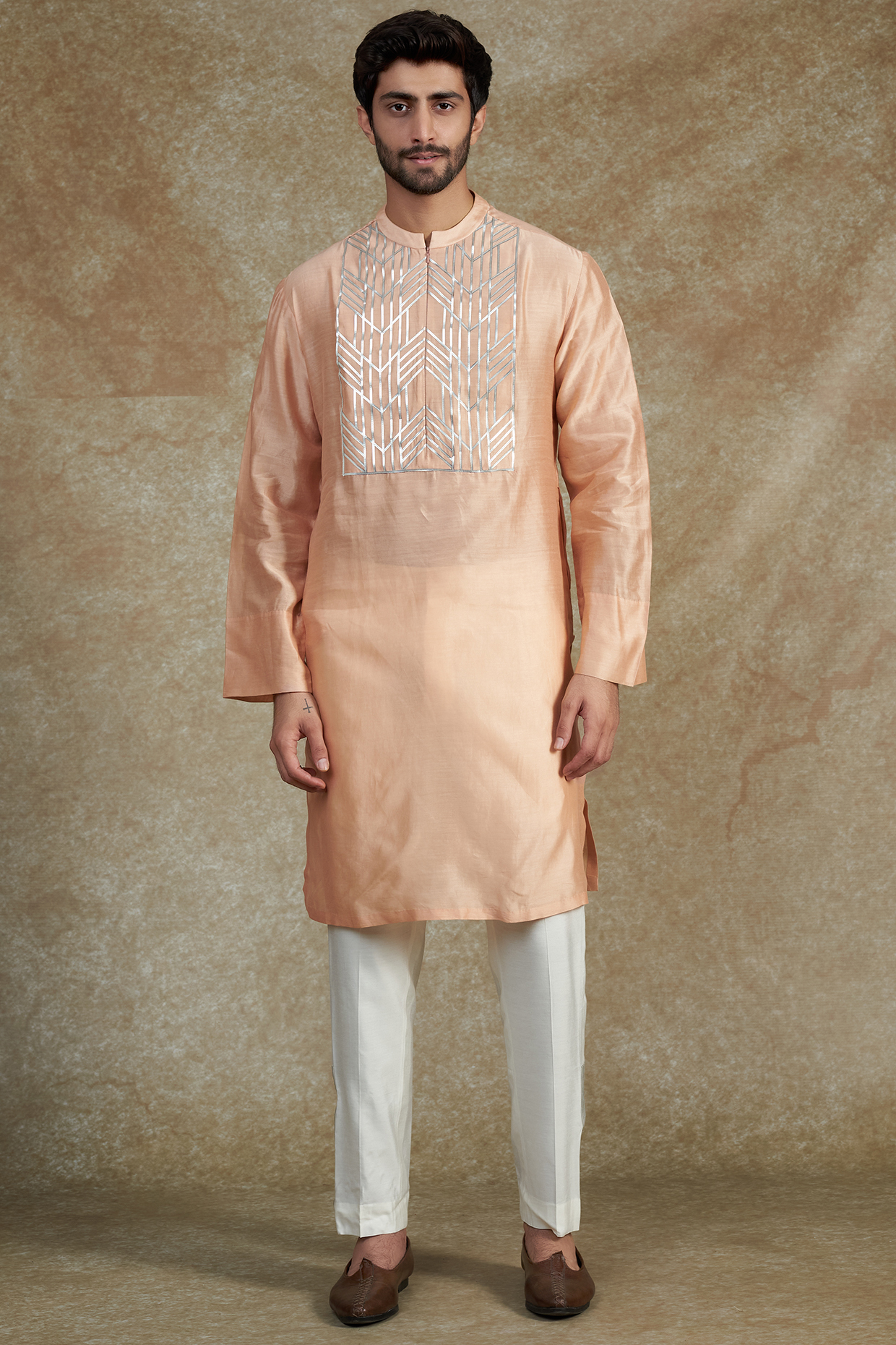 Peach Silk Chanderi Kurta Set by Amit Aggarwal Men