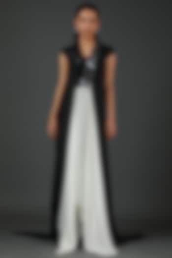 Black & White Chiffon & Metallic Draped Dress by Amit Aggarwal