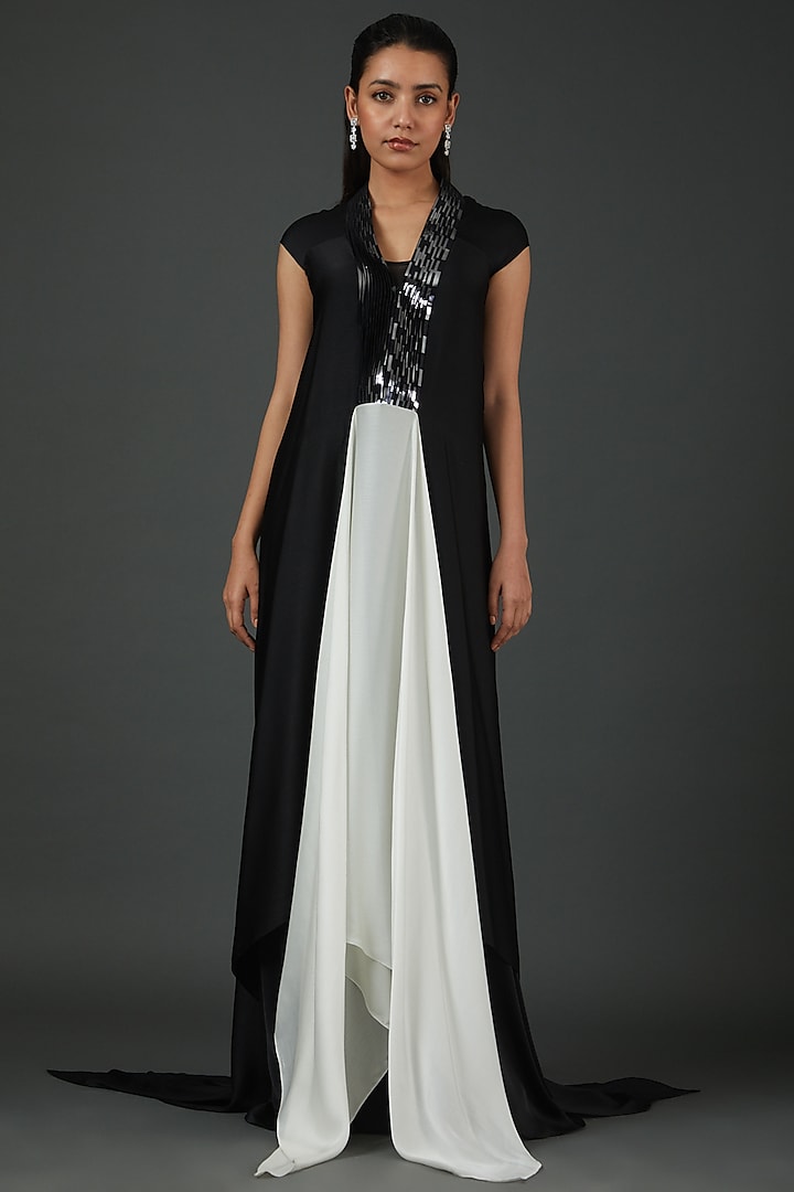 Black & White Chiffon & Metallic Draped Dress by Amit Aggarwal