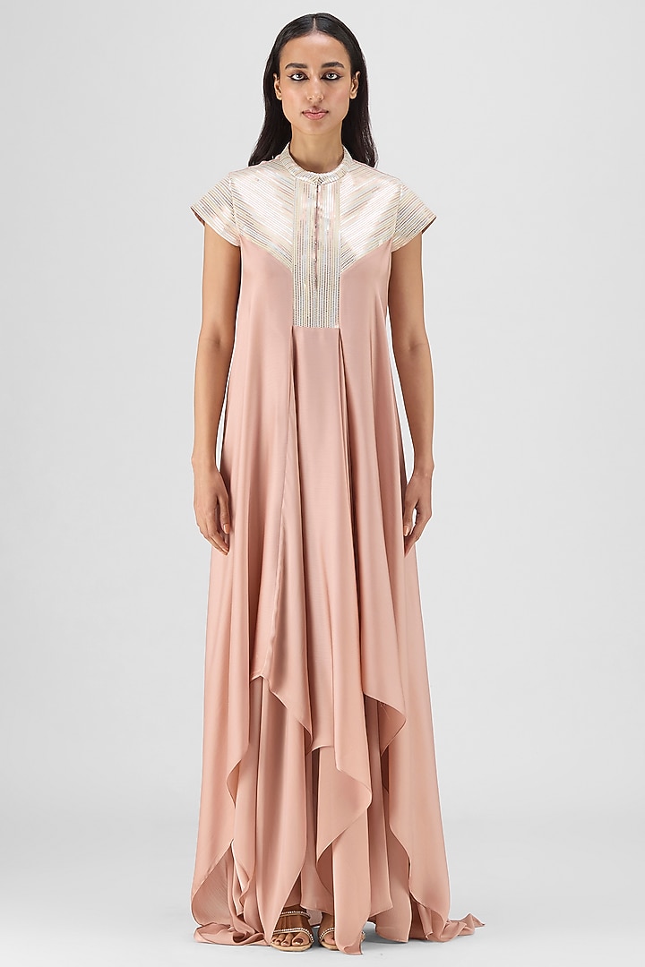 Rose Pink Metallic Polymer & Crepe Chiffon Engagement Gown by Amit Aggarwal at Pernia's Pop Up Shop