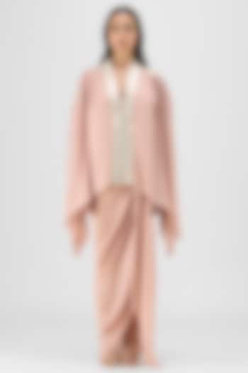 Rose Pink Metallic Polymer & Crepe Chiffon Cape Set by Amit Aggarwal at Pernia's Pop Up Shop