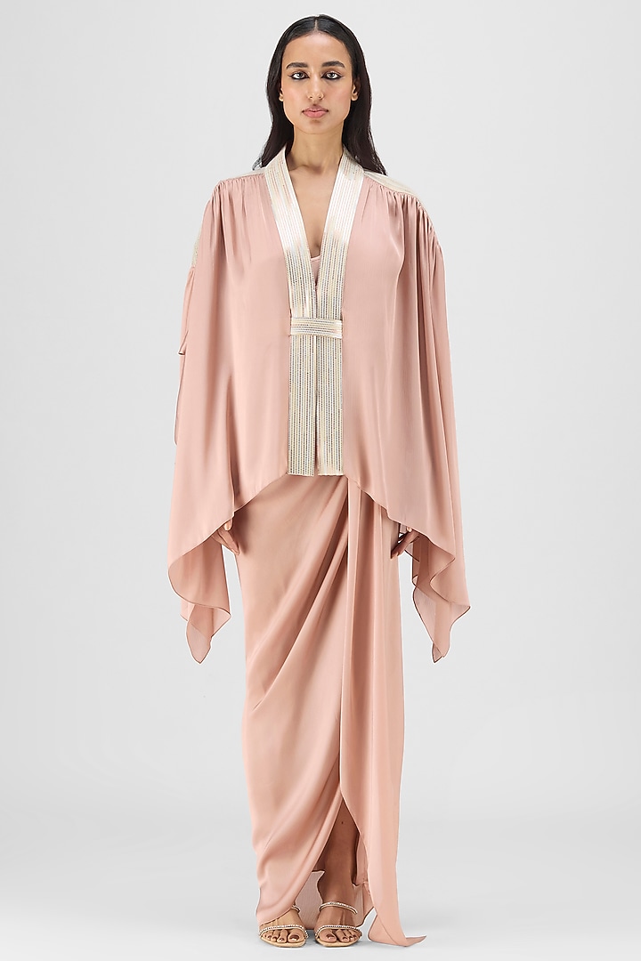 Rose Pink Metallic Polymer & Crepe Chiffon Cape Set by Amit Aggarwal at Pernia's Pop Up Shop