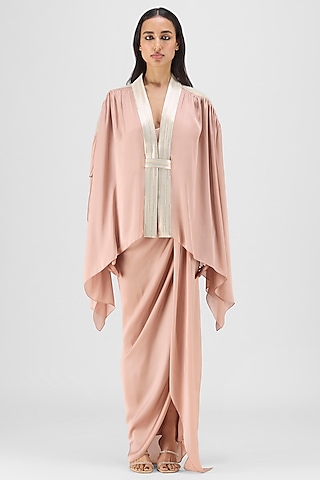 Rose Pink Metallic Polymer & Crepe Chiffon Cape Set by Amit Aggarwal
