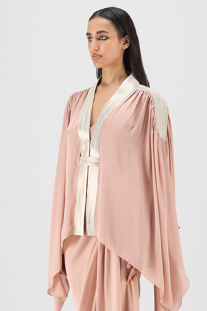 Rose Pink Metallic Polymer & Crepe Chiffon Cape Set by Amit Aggarwal at Pernia's Pop Up Shop