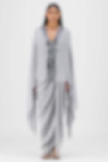 Steel Grey Metallic Polymer & Crepe Chiffon Cape by Amit Aggarwal at Pernia's Pop Up Shop