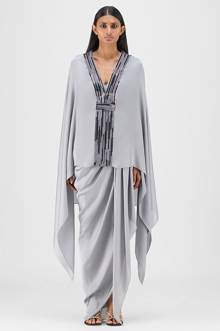 Steel Grey Metallic Polymer & Crepe Chiffon Cape by Amit Aggarwal at Pernia's Pop Up Shop